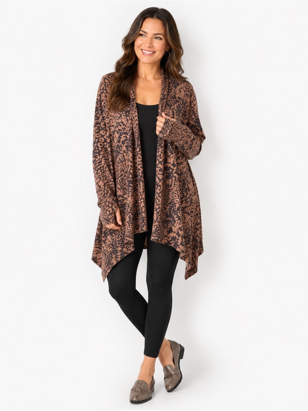 Cuddl Duds Size XL Lagenlook‎ Open Front Cardigan Animal Print Drape Thumbhole